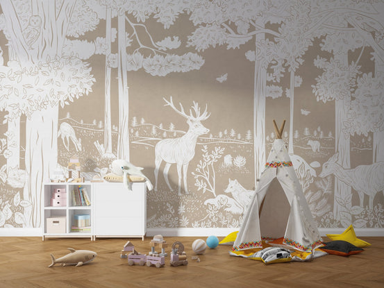 Monochrome forest brown wall mural with a majestic deer and fox.