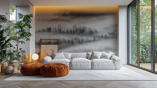 Modern forest silhouette wallpaper in black and gray.