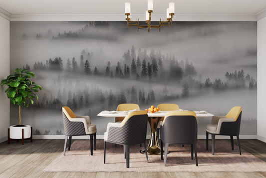 Monochrome forest wallpaper mural with misty pine silhouettes.
