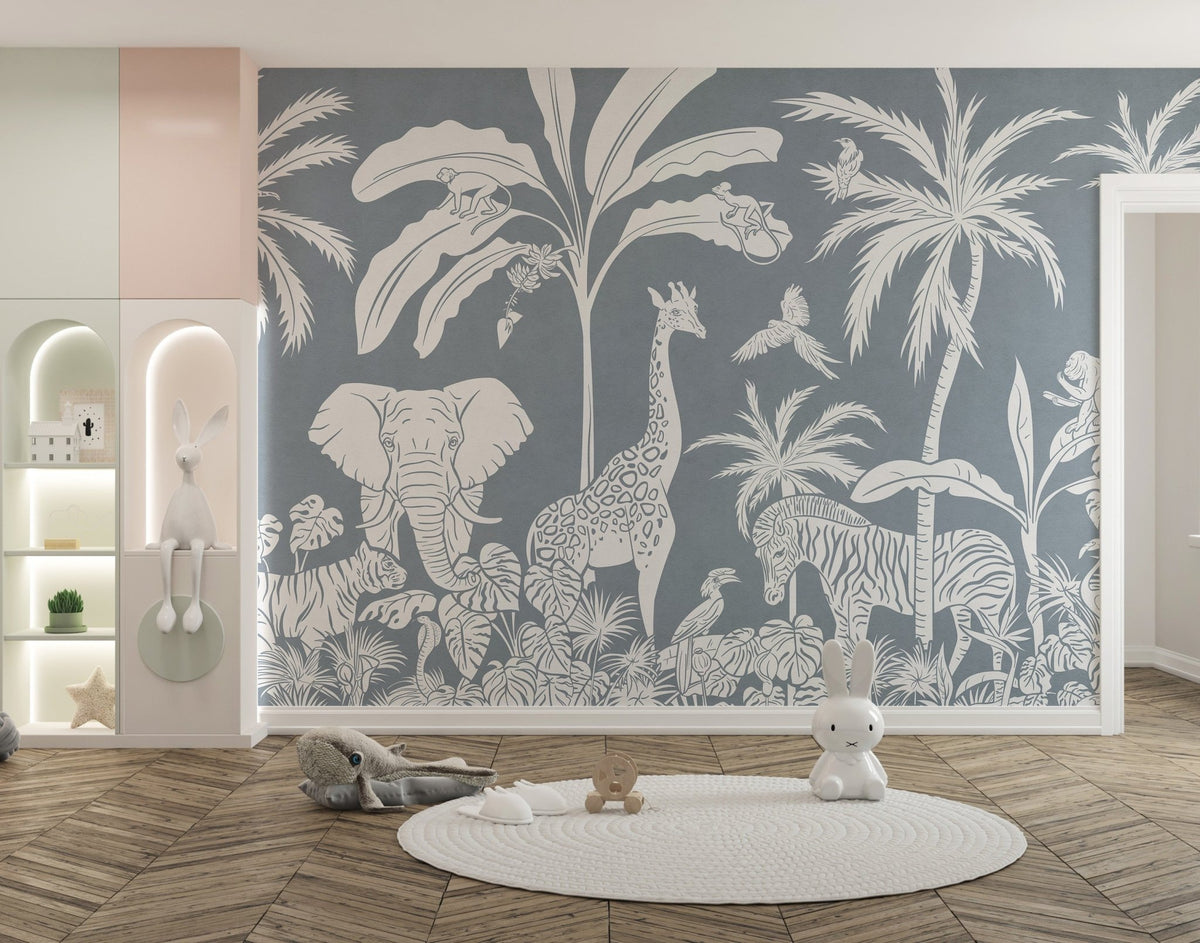 Tropical jungle wallpaper mural in muted blue color palette.