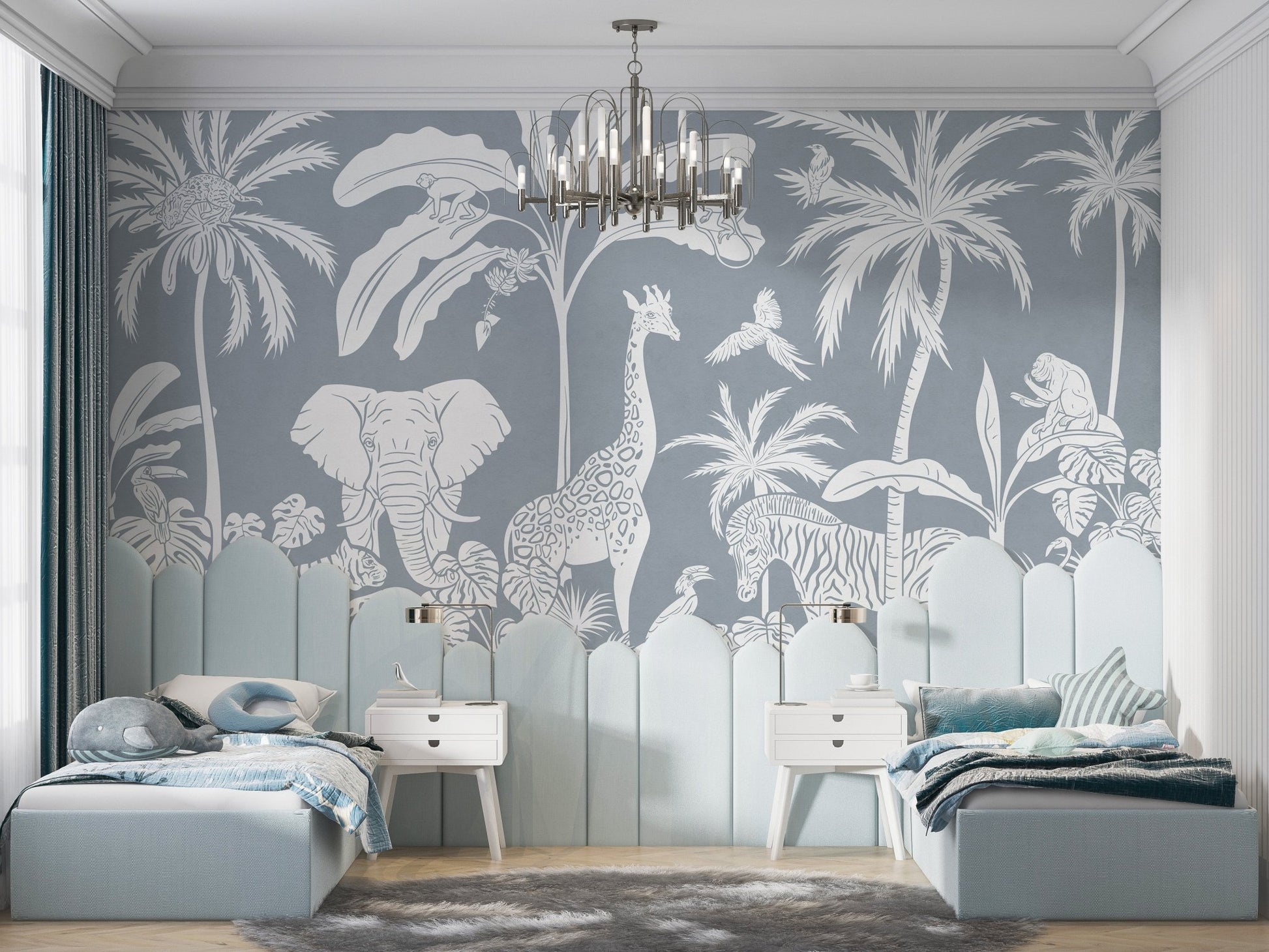 Monochrome Jungle Blue Wall Mural - Wallanza