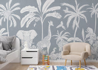 Monochrome Jungle Blue Wall Mural - Wallanza