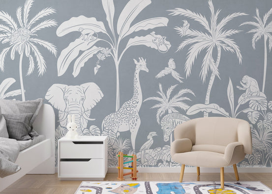 Monochrome jungle blue wall mural with wildlife pattern wallpaper design.
