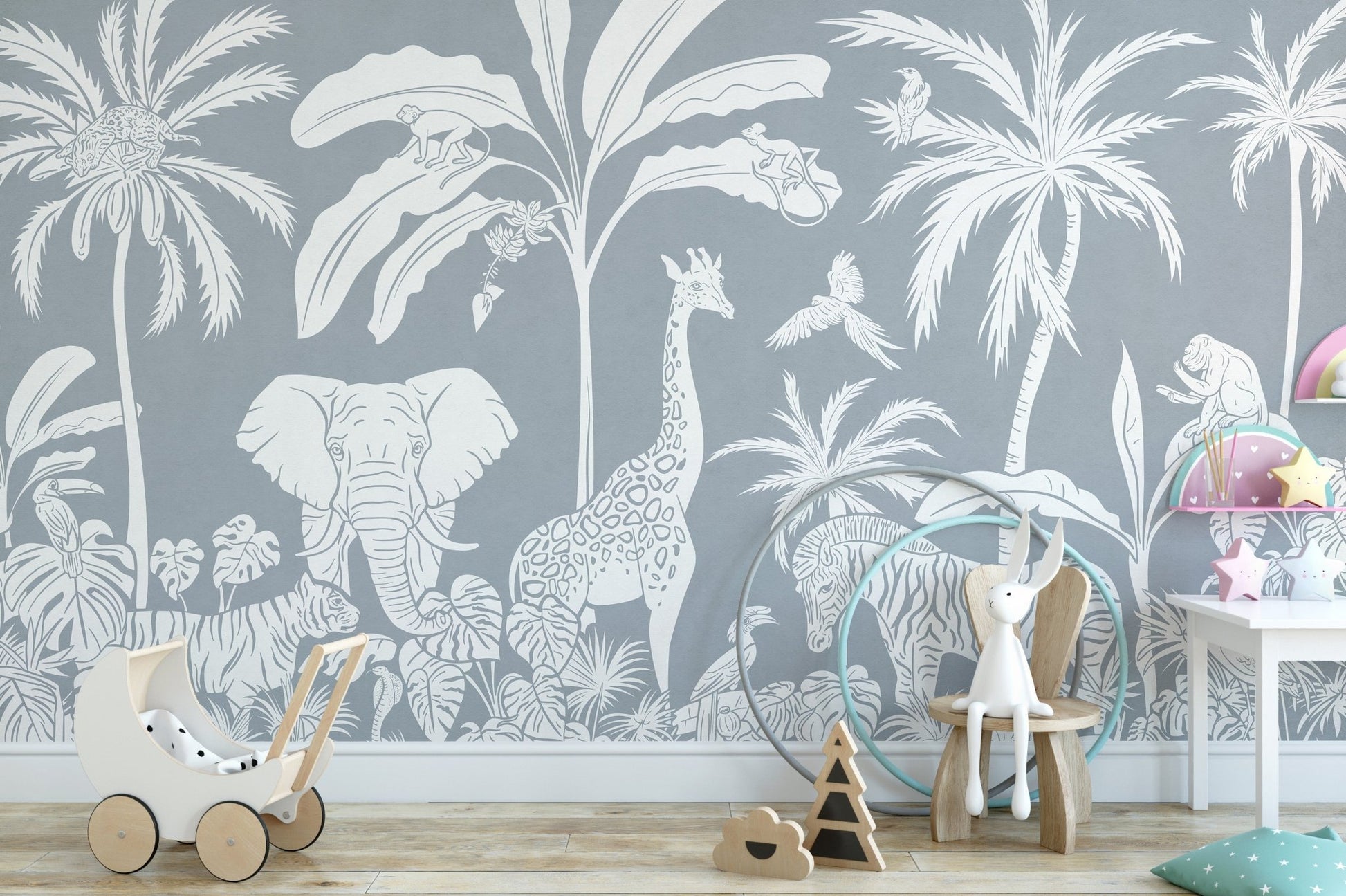 Monochrome Jungle Blue Wall Mural - Wallanza