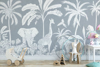 Monochrome Jungle Blue Wall Mural - Wallanza