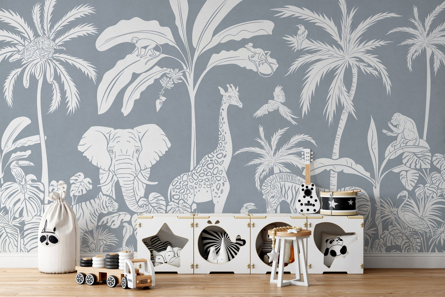 Monochrome Jungle Blue Wall Mural - Wallanza