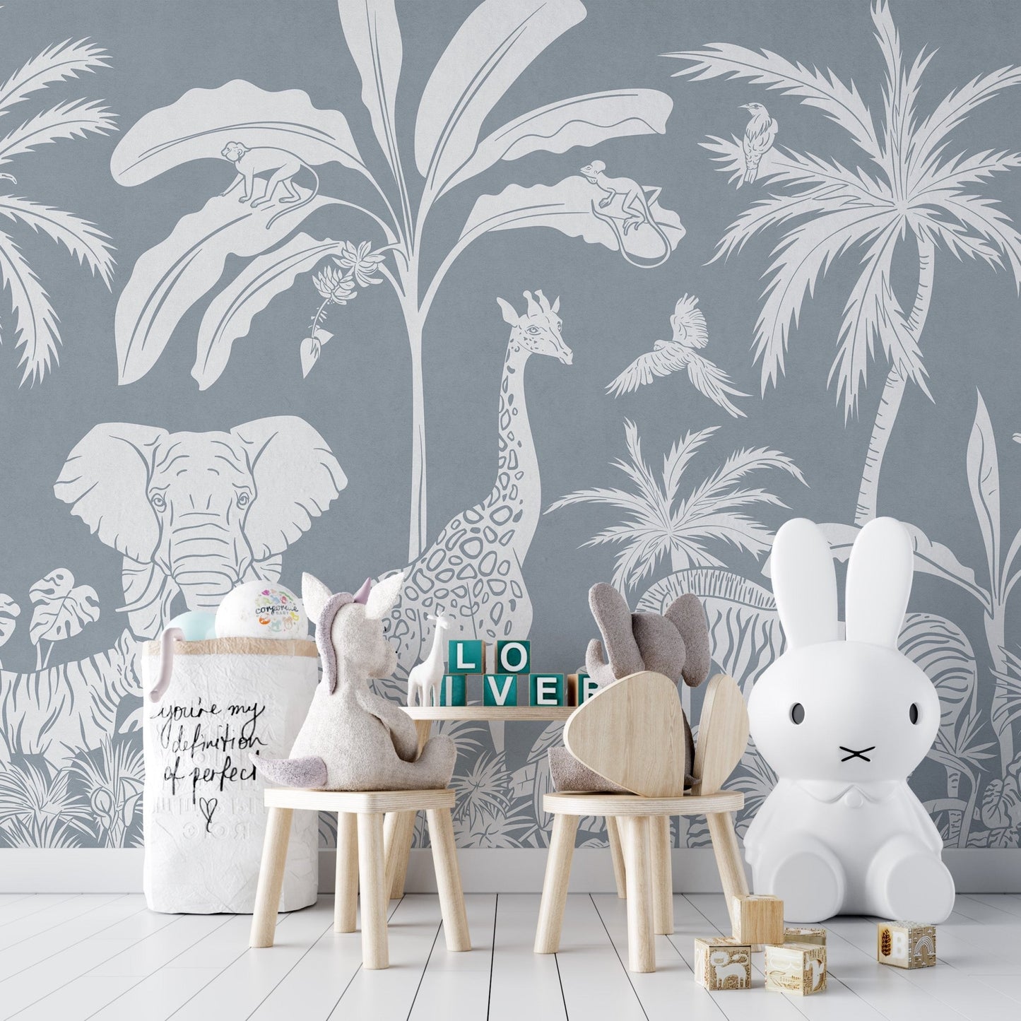 Monochrome Jungle Blue Wall Mural - Wallanza