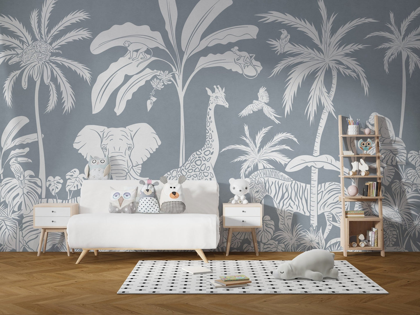 Monochrome Jungle Blue Wall Mural - Wallanza