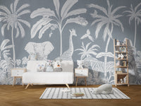 Monochrome Jungle Blue Wall Mural - Wallanza
