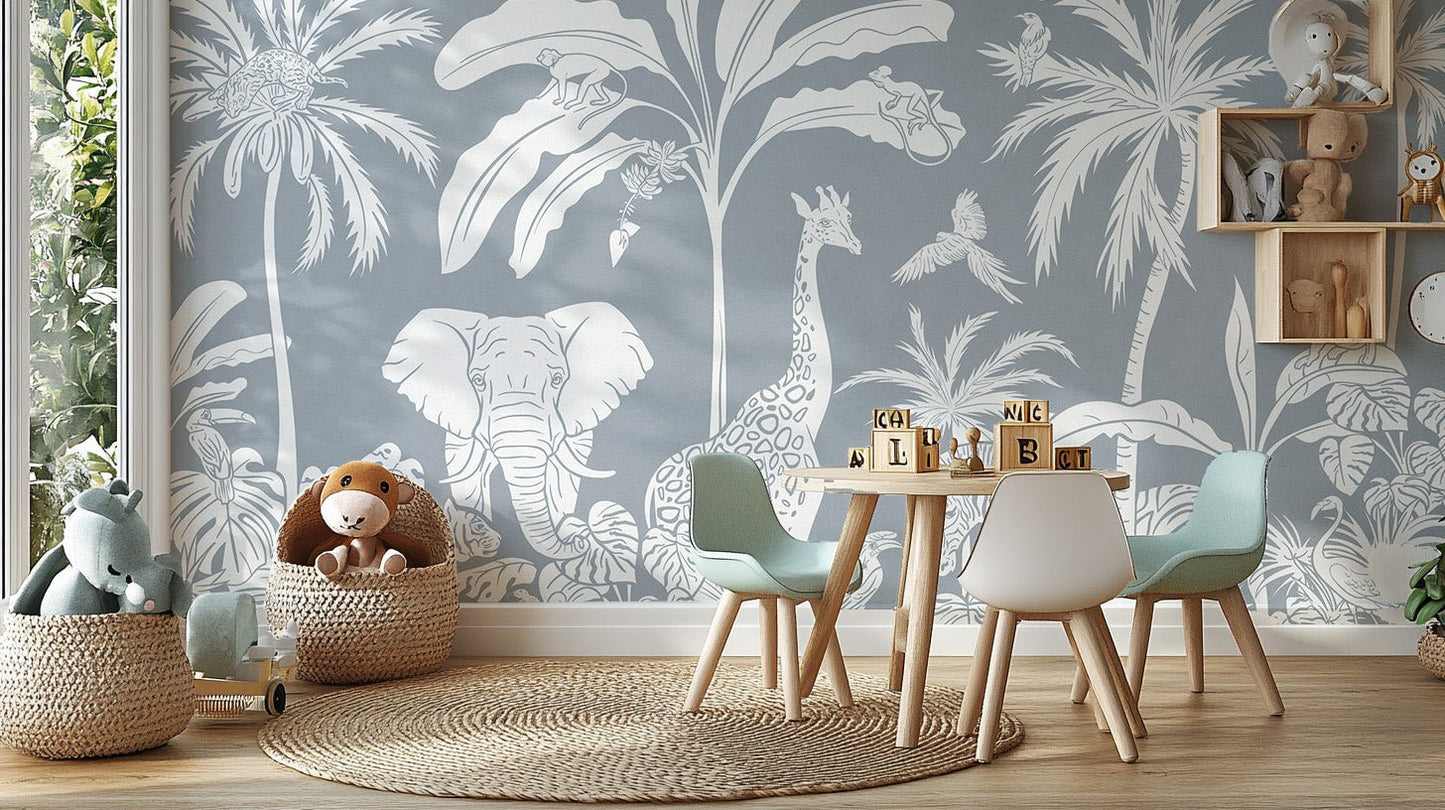 Monochrome Jungle Blue Wall Mural - Wallanza