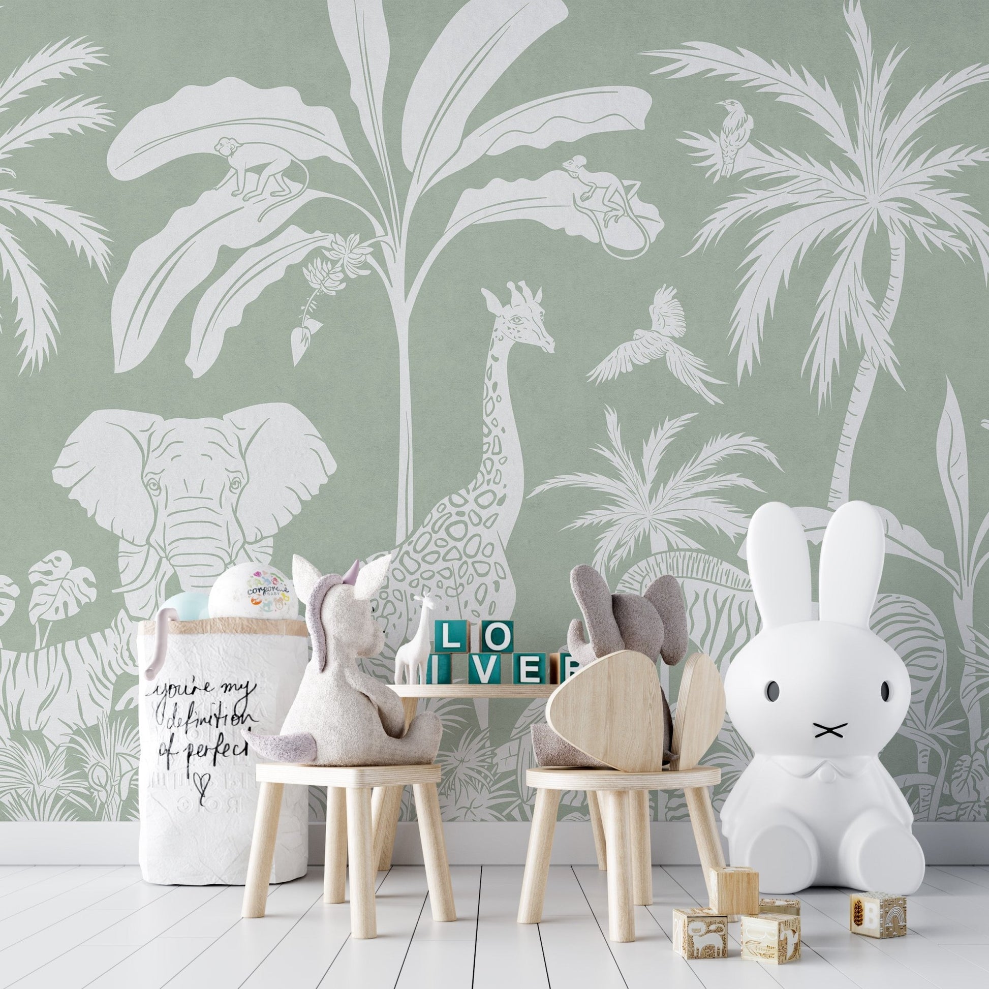 Monochrome Jungle Green Wall Mural - Wallanza