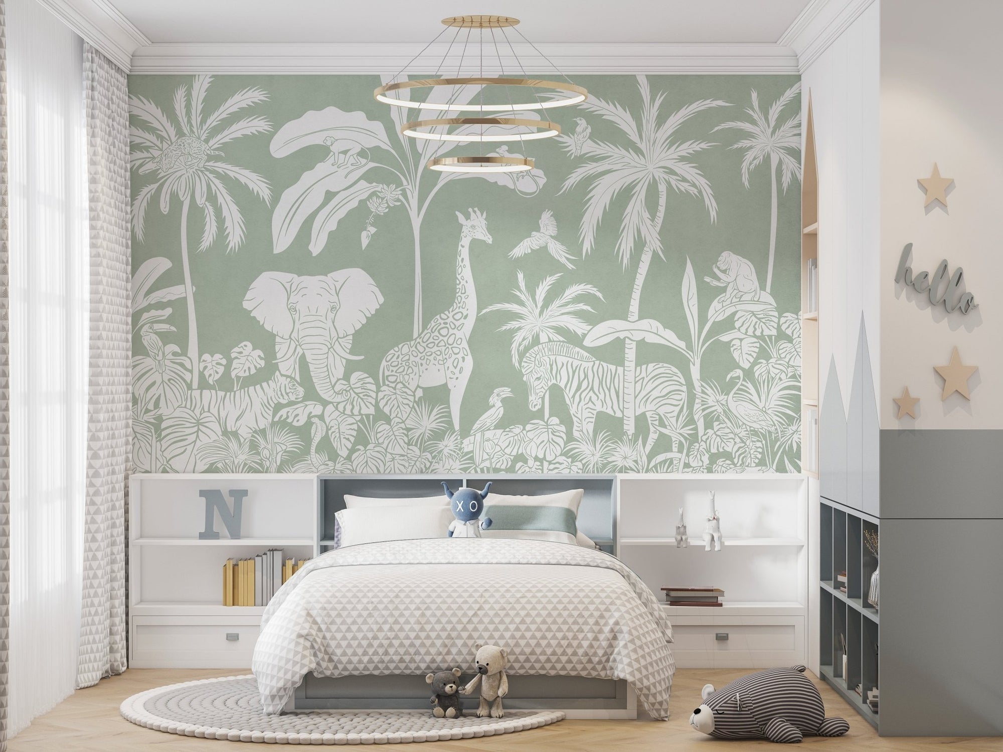 Green jungle wildlife wallpaper featuring elephant and giraffe line art wall mural.