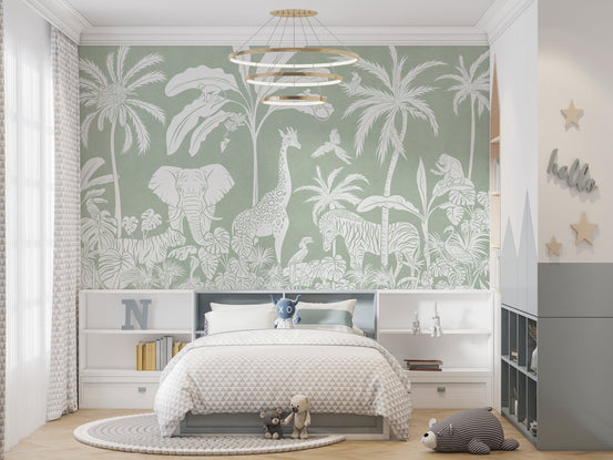 Green jungle wildlife wallpaper featuring elephant and giraffe line art wall mural.