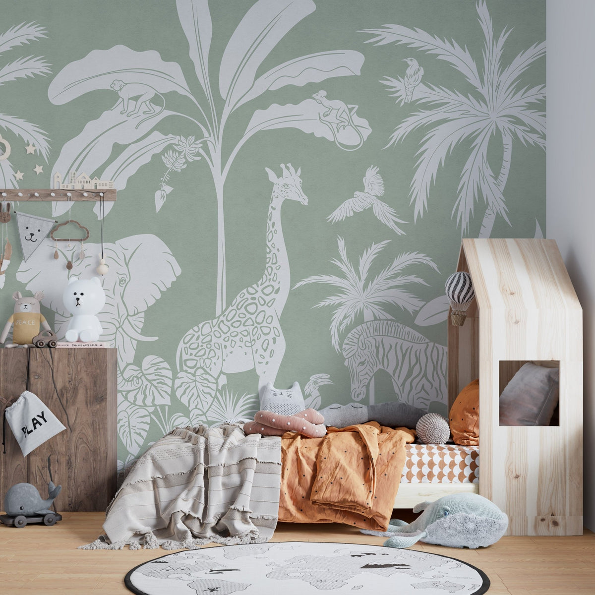 Minimal jungle scenery wallpaper in muted green wall mural background.