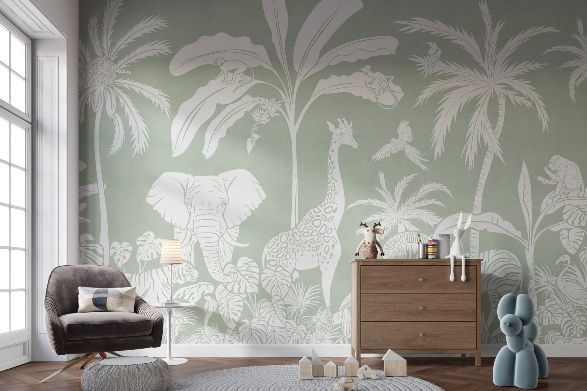 Monochrome Jungle Green Wall Mural - Wallanza