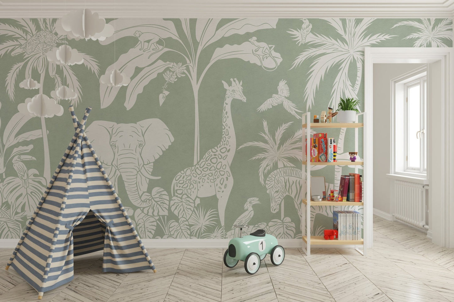 Monochrome Jungle Green Wall Mural - Wallanza