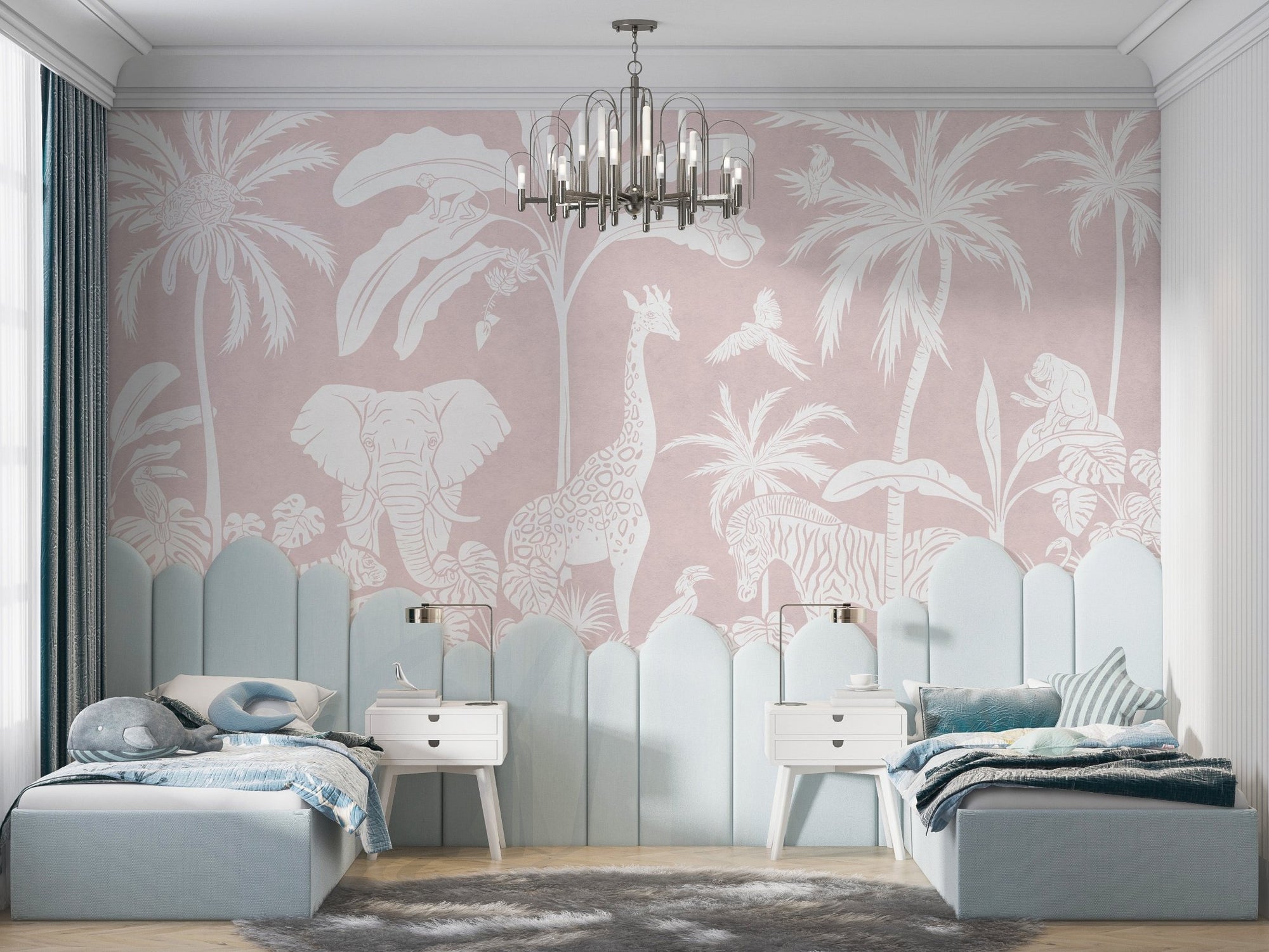 Soft pink jungle animal wall mural wallpaper in monochrome line art style.