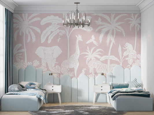 Soft pink jungle animal wall mural wallpaper in monochrome line art style.