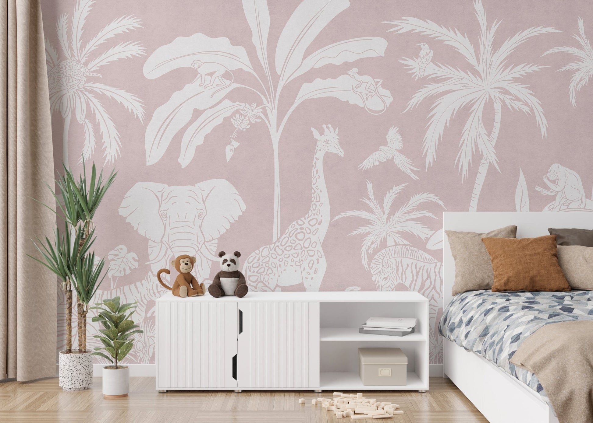 Monochrome Jungle Pink Wall Mural - Wallanza