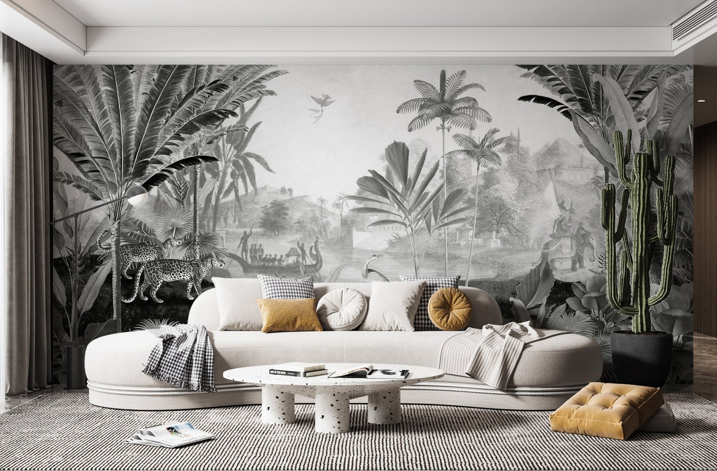 Graceful leopard mural blending landscape artistry for living room walls.