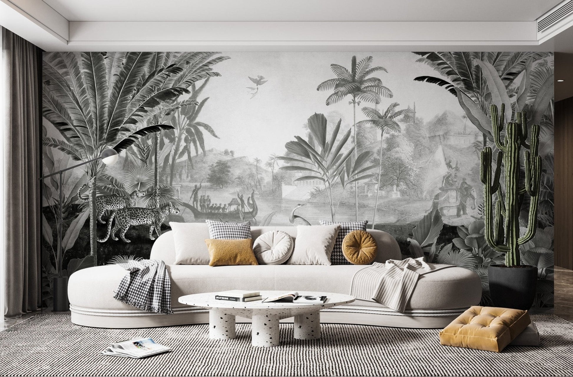 Graceful leopard mural blending landscape artistry for living room walls.