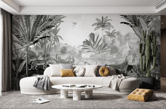 Graceful leopard mural blending landscape artistry for living room walls.
