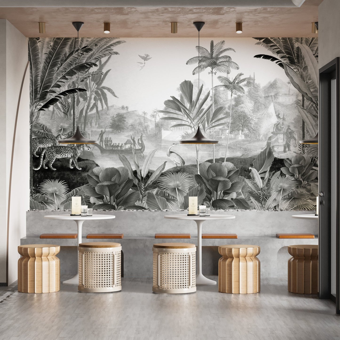 Monochrome mural featuring a leopard and landscapes for dining area.
