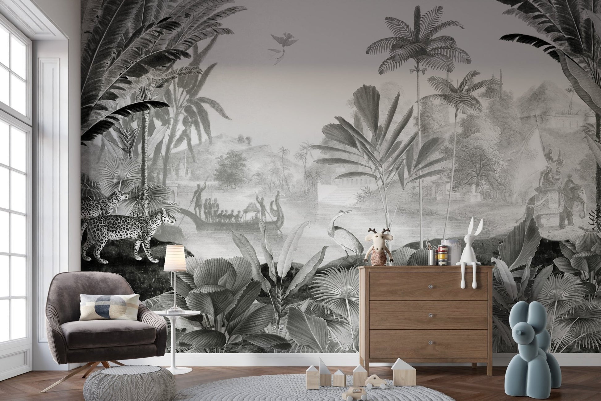Leopard and nature mural in bold monochrome shades for kids play area.
