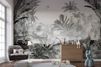 Leopard and nature mural in bold monochrome shades for kids play area.
