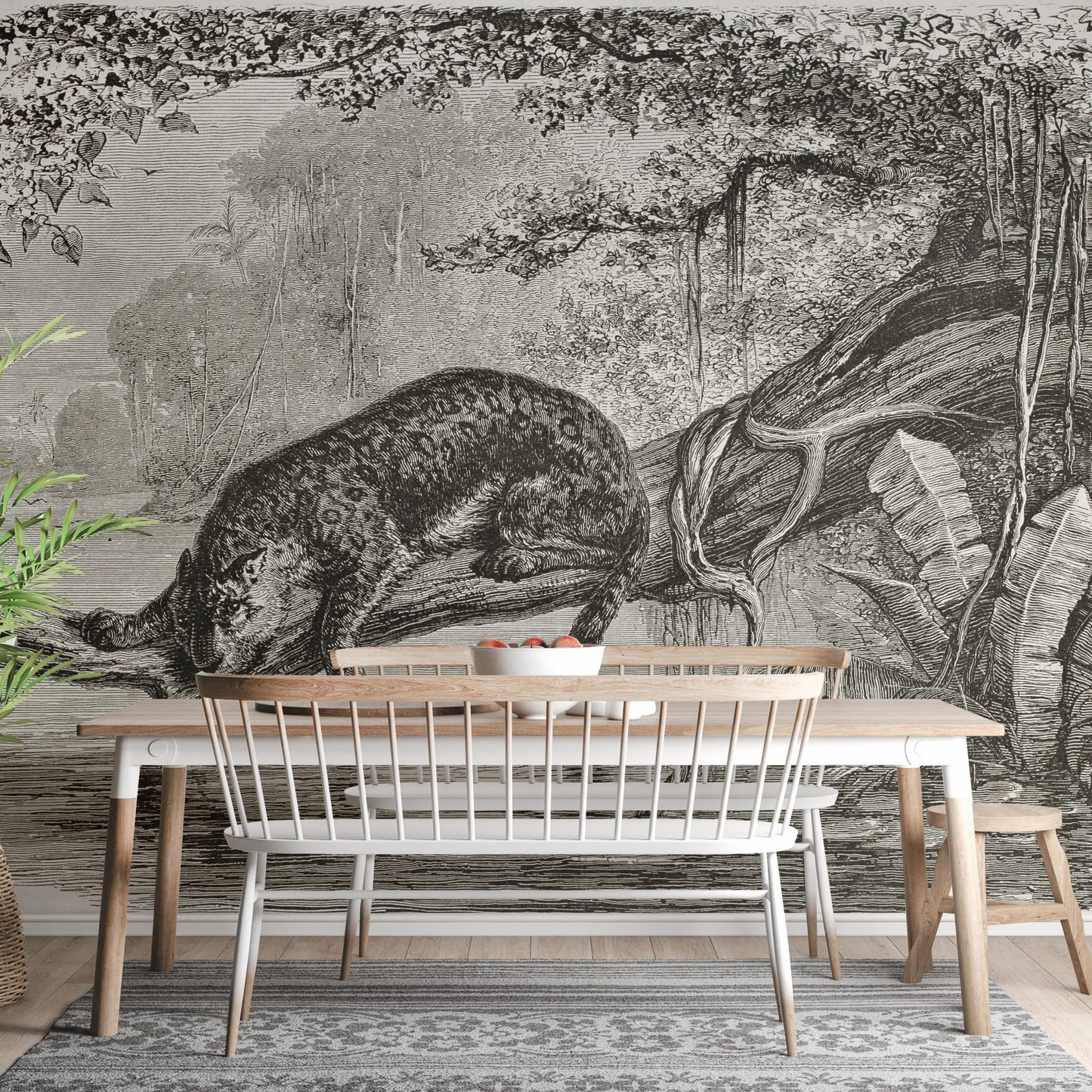 Monochrome leopard wall mural in a dining area with a wooden table and bench.