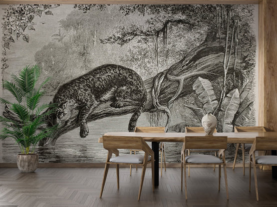 Monochrome leopard wall mural used as a feature wall in a spacious dining area.