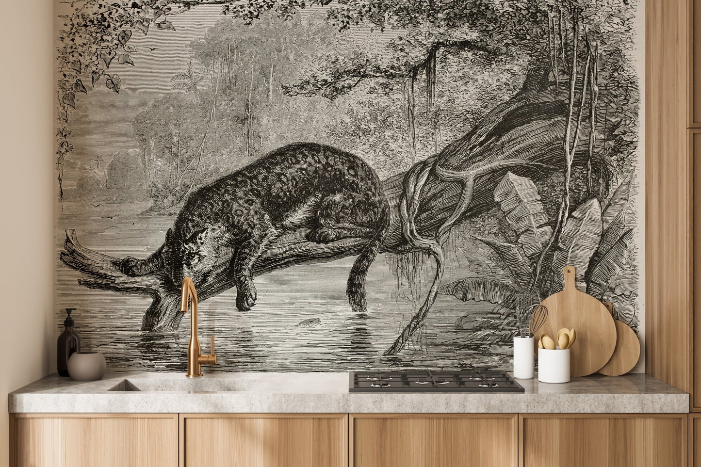 Kitchen backsplash area featuring a monochrome leopard wall mural scene.