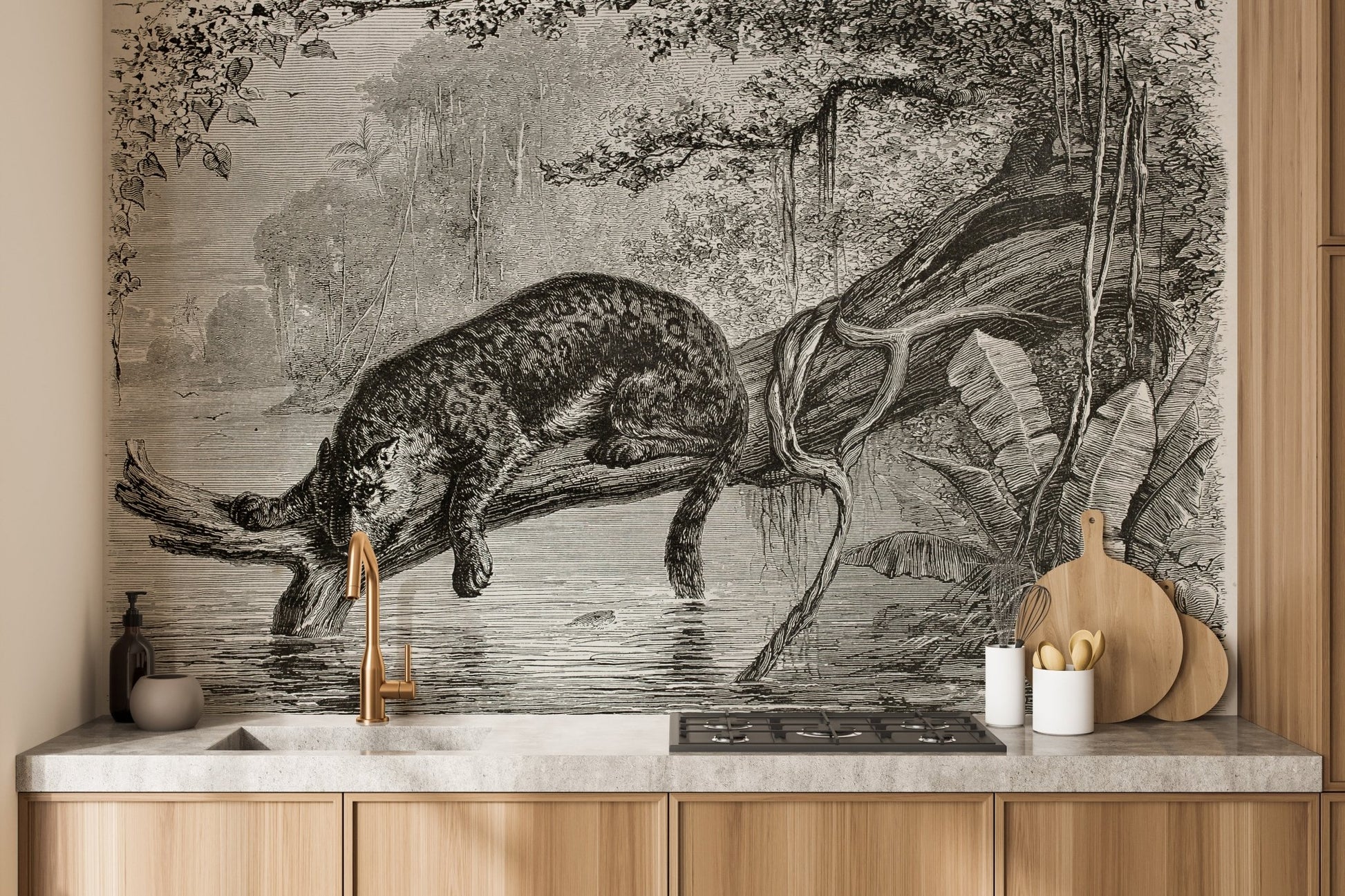 Kitchen backsplash area featuring a monochrome leopard wall mural scene.