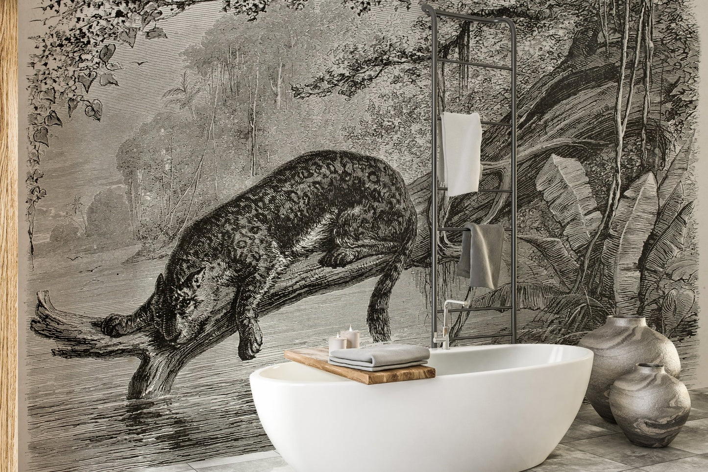Jungle leopard wall mural backdrop for a white freestanding bathtub in a washroom.