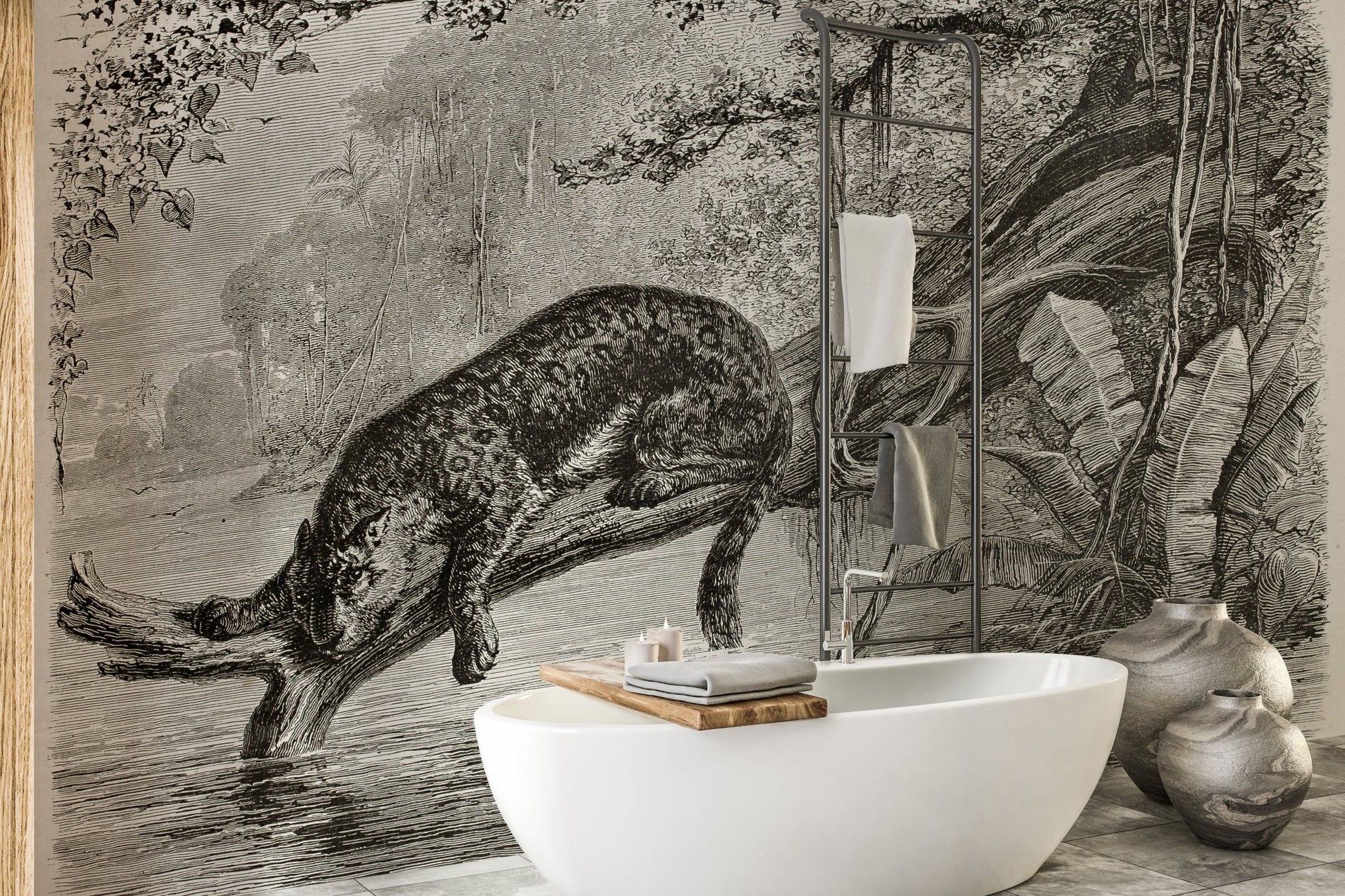 Jungle leopard wall mural backdrop for a white freestanding bathtub in a washroom.