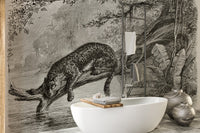Jungle leopard wall mural backdrop for a white freestanding bathtub in a washroom.