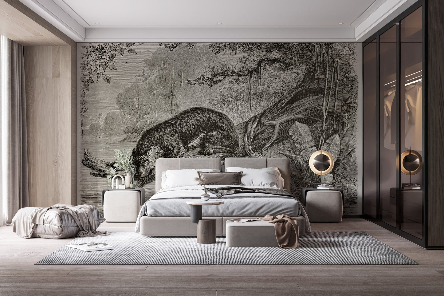 Wild leopard wall mural behind a large bed in a contemporary grey bedroom.