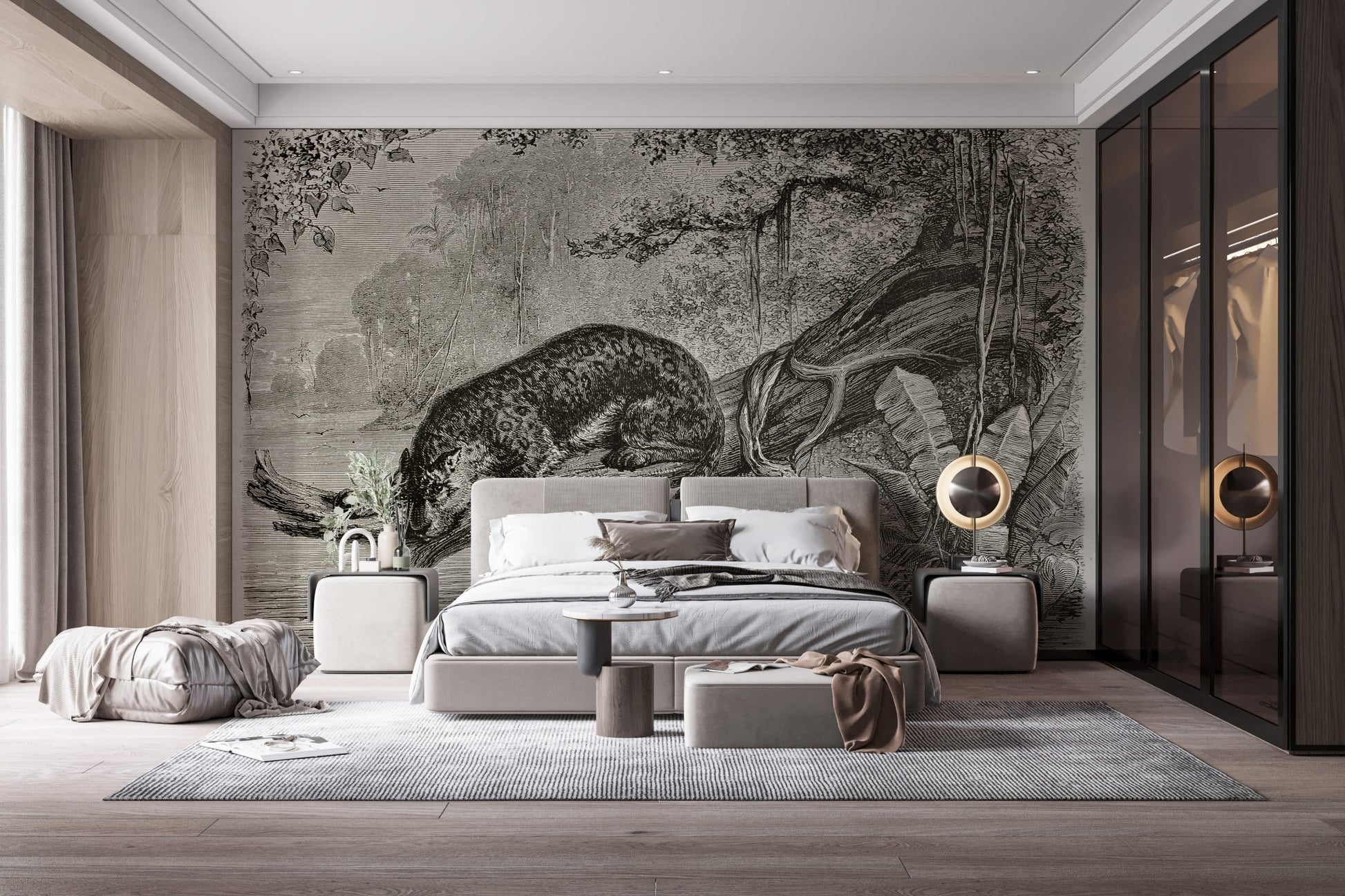 Wild leopard wall mural behind a large bed in a contemporary grey bedroom.