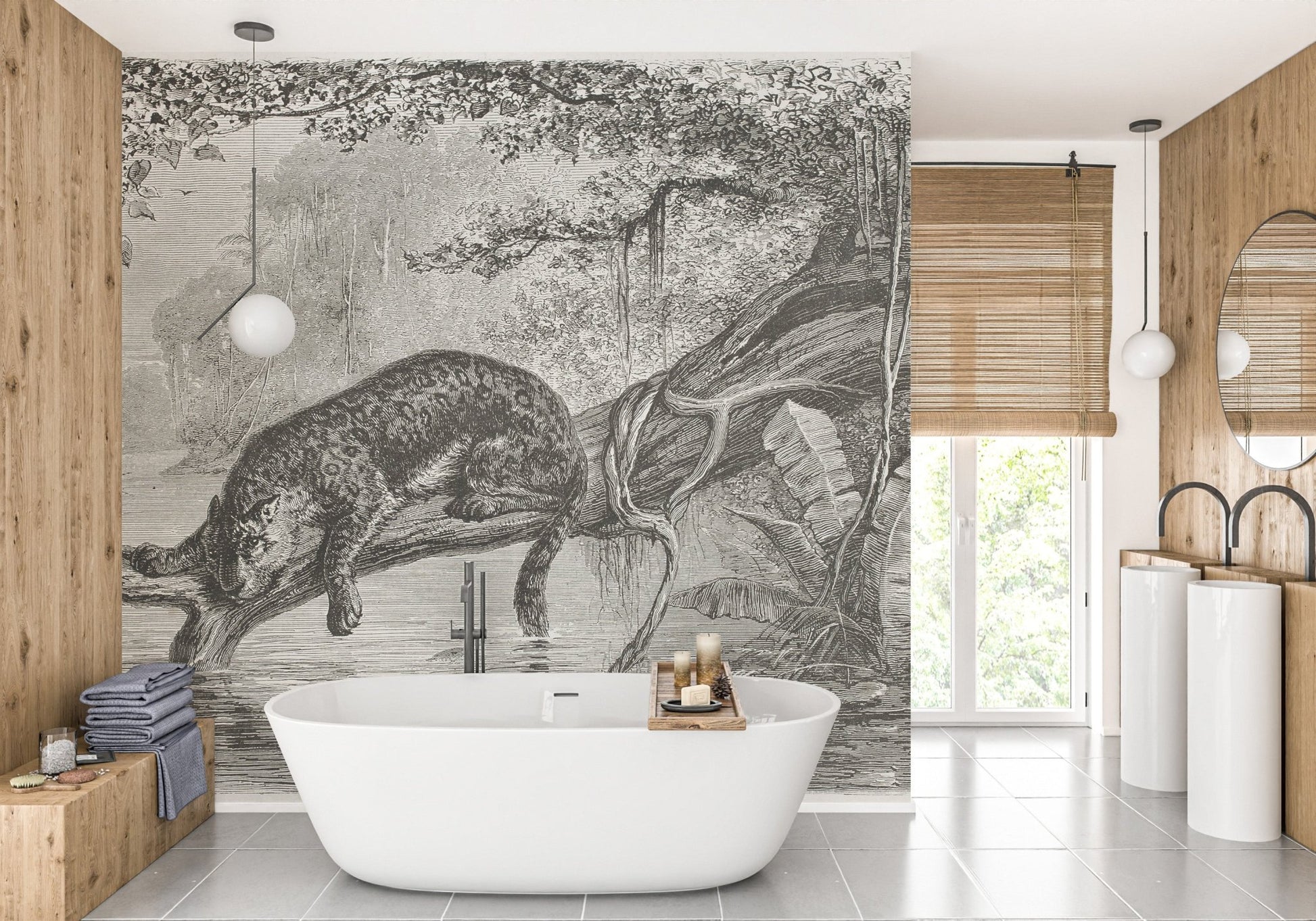 Leopard wall mural in a luxury bathroom with dual sinks and natural lighting.