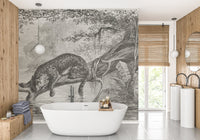 Leopard wall mural in a luxury bathroom with dual sinks and natural lighting.