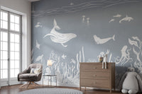 Coastal sea wallpaper wall mural with soft blue aquatic artwork.