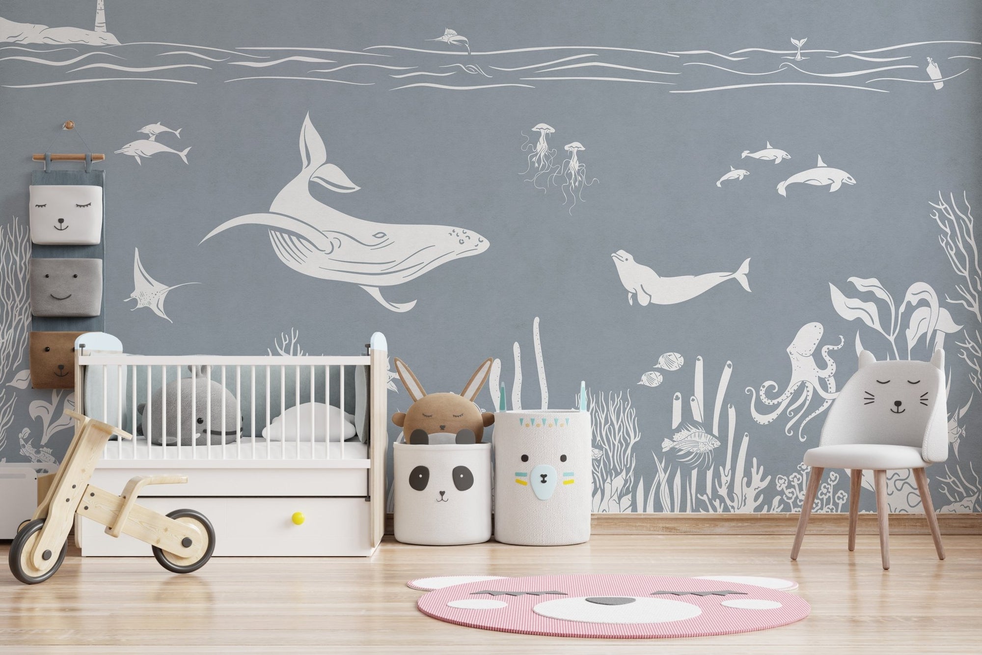 Underwater theme style wall mural in sea blue monochrome marine wallpaper.
