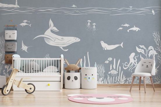 Underwater theme style wall mural in sea blue monochrome marine wallpaper.