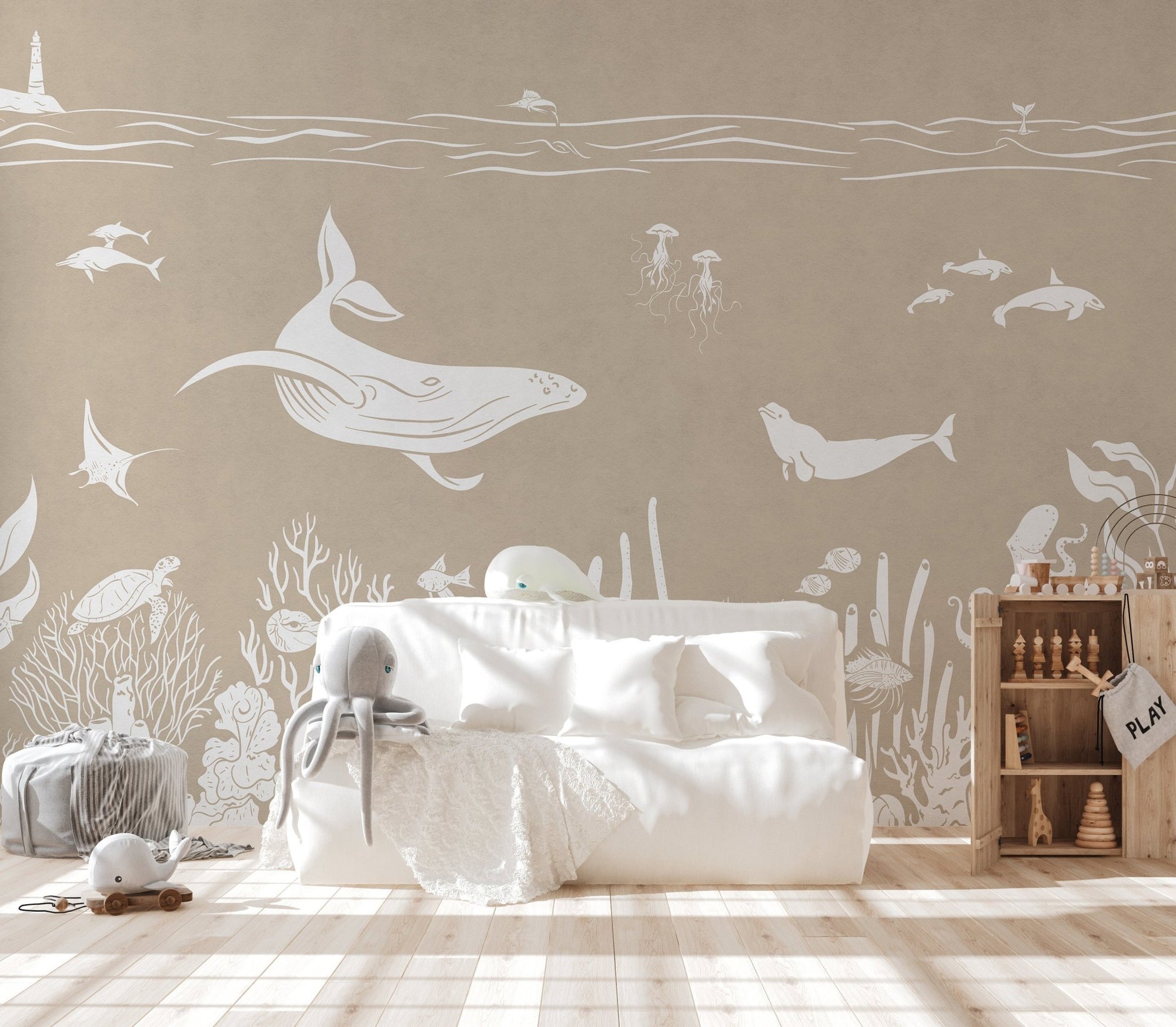 Underwater theme wall mural in brown tones with marine life illustration.