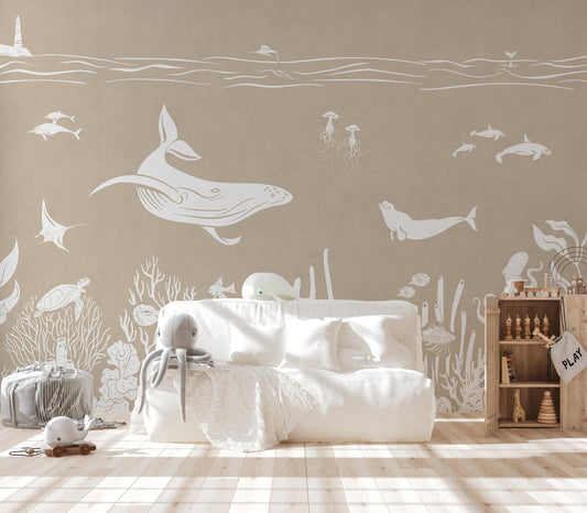 Underwater theme wall mural in brown tones with marine life illustration.