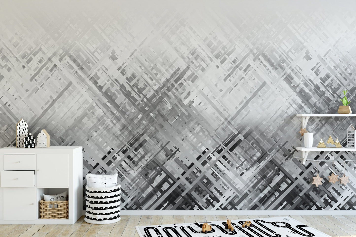 Black and grey streaked wallpaper with layered line texture.