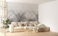 Graphic monochrome wallpaper with overlapping stripe pattern.