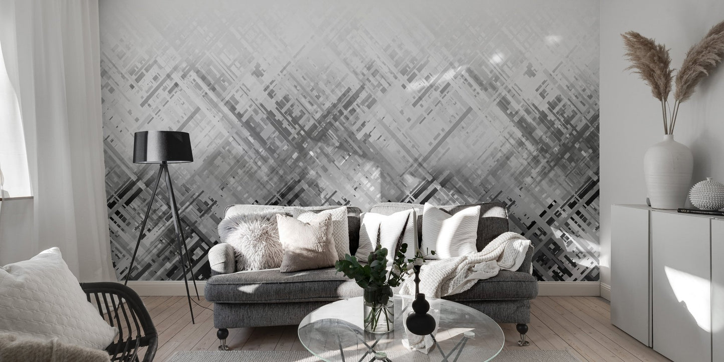 Industrial monochrome wallpaper mural with sharp angular layout.