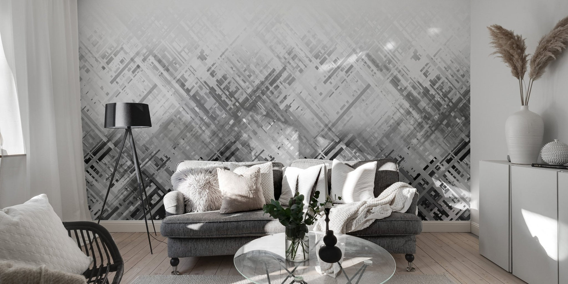 Industrial monochrome wallpaper mural with sharp angular layout.