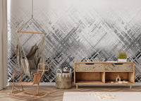 Abstract grey scale wallpaper mural with geometric grid effect.